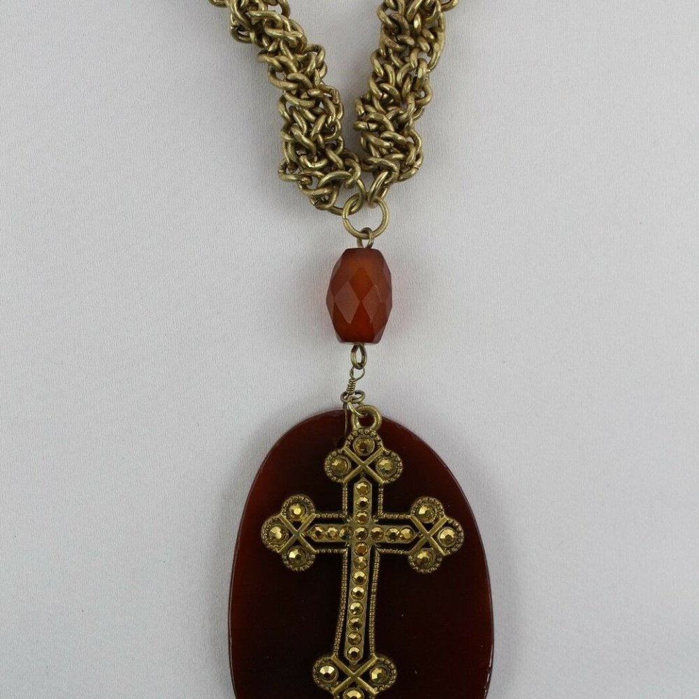 Nicole Miller Gold & Orange/Brown Cross Necklace